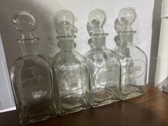4 Vintage Glass Liquor Decanters With Ball Stopper And Etched Labels