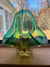 Vintage Mid Century Green Stretch Glass Footed Basket