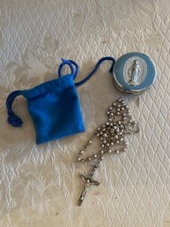 Sterling Silver Rosary Beads With Pillbox And Blue Felt Pouch