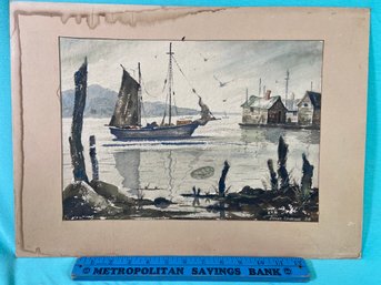 Signed Arch Unruh 54 Vintage Watercolor Painting Sailboat In Harbor 19.5x14 Matted