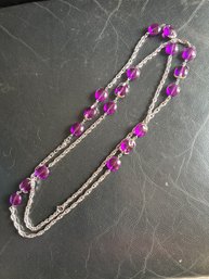 Long Purple Beaded Silver Necklace