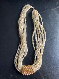 Faux Pearl Multi-Strand Necklace With Embellished Bar Detail