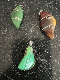 3 Silver Wire Wrapped Gemstone Pendants
