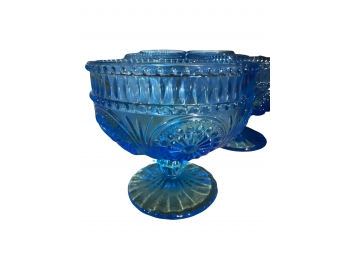 Beautiful Vintage Blue Glass Sherbet Bowls With Raised Pattern