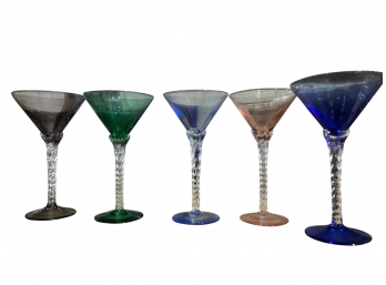 Set Of 5 Vintage Spiral Stem Colored Martini Glasses