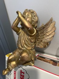 Pair Of Gold Gilt Trumpeting Cherub Angel Figurines