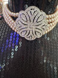 Stunning Multi-strand Pearl Choker With Rhinestone Embellished Medallion