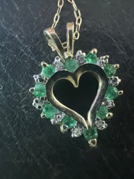 Genuine 10K Gold Emerald Studded Heart Pendant Necklace