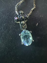 Sterling Silver With Embellished Diamond Cut Aquamarine Pendant Necklace