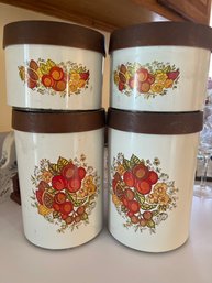 Set Of 4 Harvest Pattern Metal Kitchen Canisters With Faux Wood Grain Top