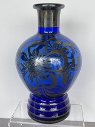 Vtg Cobalt Silver Overlay Decanter (no Stopper) Vase?  6-1/2' X 4' At Widest Point
