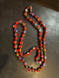 Gorgeous Red / Multi Millefiori Beaded Necklace With Gold Barrel Clasp