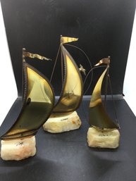 Lot Of 3 Mcm Demott Brass Sailing Ships On Marble Base