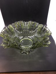 Fenton Double Crimped Ruffled 12 Bowl Thumbprint Colonial Green Uranium Glow