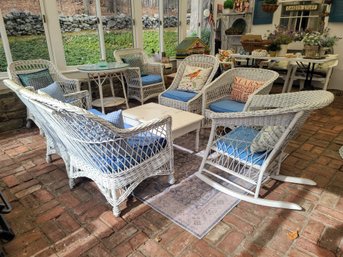 Shabby Chic Vintage Wicker Set, Rocking Chair, Sofa, Two Armless Chairs Pillows & Small Wooden Coffee Table