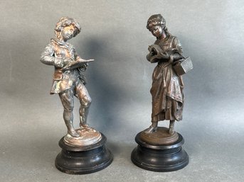 Bronze French Boy & Girl Sculptures Reading Books