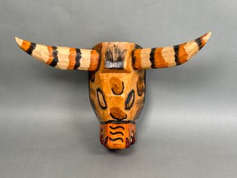 Vintage Wood Carved & Hand Painted Bull Mask