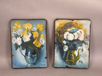 Two Hand Painted Floral Bouquets On Wood