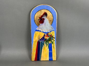 Hand Painted 'Saint Fiacre' Patron Saint Of Gardens Chicken On Wood