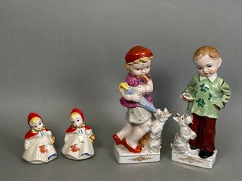 Vintage Japanese Ceramic Boy & Girl With Dog And Little Red Riding Hood Salt & Pepper Shakers