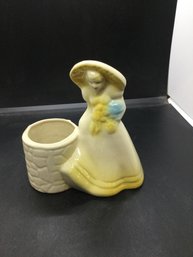 Vintage Pottery Planter Girl Near Well