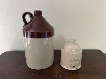 Two Antique Ironstone Wares.  One 5 Gallon Jug With A Sanitary Poultry Fountains Feeder?