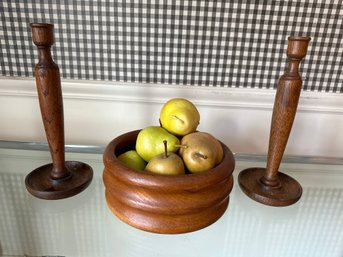 Set Of Wooden Bowl And (2) Candlesticks