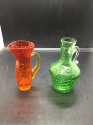 Vintage Hand Blown Crackle Glass Pitcher Vases Set Of 2