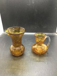 Vintage Hand Blown Amber Crackle Glass Vases