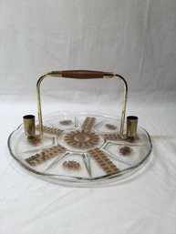11 Inch Diameter Mcm Georges Briard Glass Serving Tray With Walnut Handle And Brass Candle Holders
