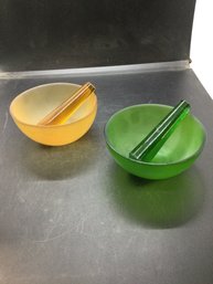 Pair Of Mcm Green And Amber Mortar And Pestle