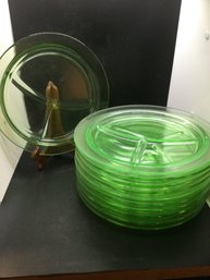 10 Inch Green Uranium 3 Compartment Depression Glass Plates Lot Of 11