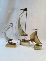 Mcm Brass Sailboats On Marble Bases Signed DeMott