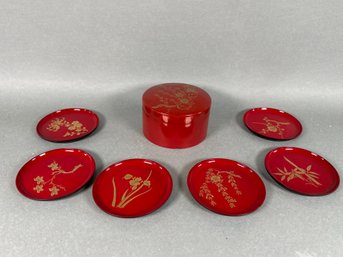 Beautiful Vintage Japanese Lacquer Coaster Set With Gold Floral Detail