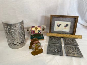 Home Decor, Jim Shore  Lamb, Metal Book Ends, 4 Metal Drink Coasters & Cross-stitch Roosters Framed