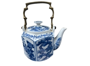 Vintage Chinese Porcelain Teapot With Brass 'bamboo' Handle