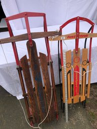 2 Snow  Wood And Metal Sleds, Challenger, And Snow Sport Torpedo