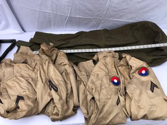 Lot Of Vintage Army Shirts, Jacket, Shovel, Bags