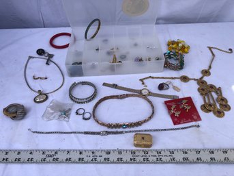 Lot Of Various Jewelry Items With Plastic Case, See Pics