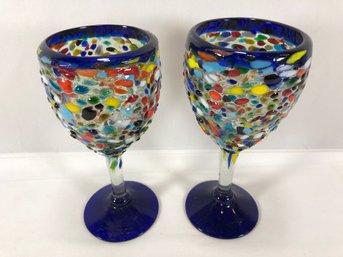 Pair Of Pretty Blue And Multicolor Colored Rough Textured Water Glasses