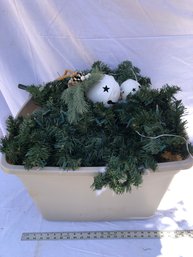 Garland With Lights, And Possibly Small Tree, Christmas Decorations, Lights, Untested. Includes Tote With Lid