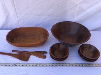 Teakwood Bowl And Red Walnut Bowl With Six Smaller Bowls