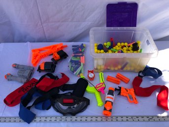 Lot Of Nerf Ammo And Various Pieces And Accessories. Including Bin With Lid