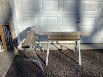 2 Metal Folding Sawhorses In Great Shape Already Has The 2 X 6 On Top