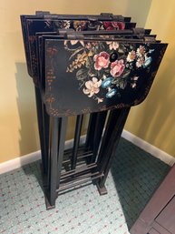 Vintage Hitchcock Style Folding TV Tables - Black With Floral Stenciling