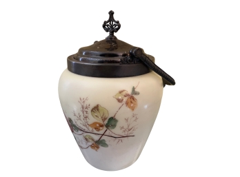 Vintage Milk Glass Pot With Decorative Metal Top