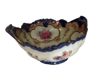 Stunning Vintage Porcelain Bowl With Cobalt And Gold Leaf Rosebud Pattern