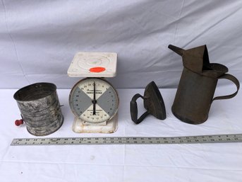 4 Vintage Or Antique Items, Sifter, Scale, Iron. See Pictures For Condition.