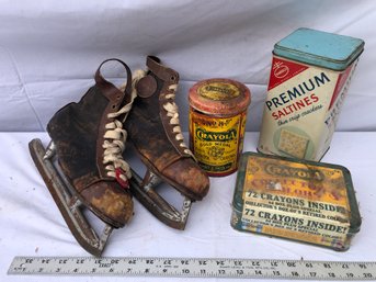 Old, Leather Skates, Crayon And Saltines Tins One Box Still Sealed. Very Dirty And Worn.