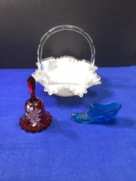 Great Fenton Lot Hand Painted Bell, Real Nice Large Bowl And Blue Boot